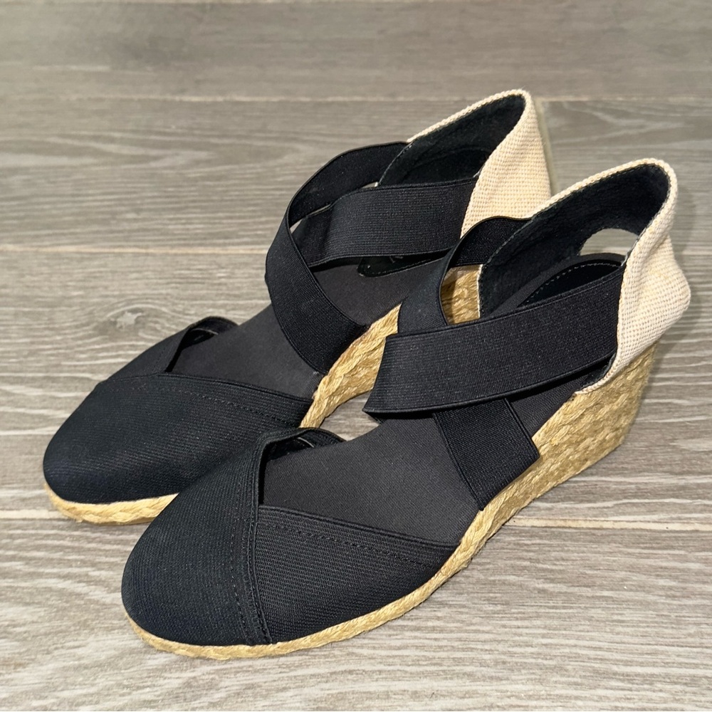 Ralph Lauren Wedge Slip On Espadrilles Black Natural Sandals Women's Size 8B